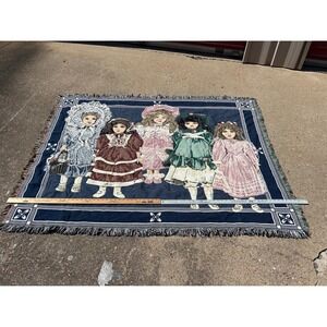 Vintage Woven Tapestry Throw Blanket Victorian Porcelain Dolls Navy Blue Fringe‎